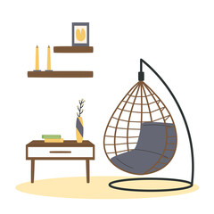 Scandinavian interior. Armchair and table. Cozy living room flat vector illustration. Trendy scandinavian hygge interior.