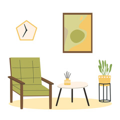 Scandinavian interior. Armchair and table. Cozy living room flat vector illustration. Trendy scandinavian hygge interior.