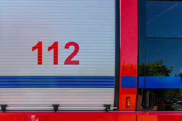 Fire Truck Roller Shutter door on a german fire engine with the european Emergency telephone number...