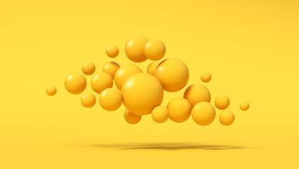 Abstraction illustration. Yellow shiny balls fly on a yellow background. 3d render. Illustration for advertising.