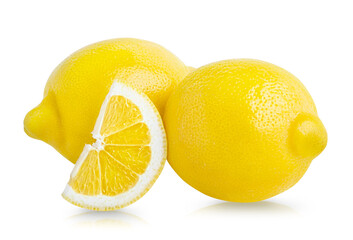 Whole lemon fruits and cut slice isolated on white background