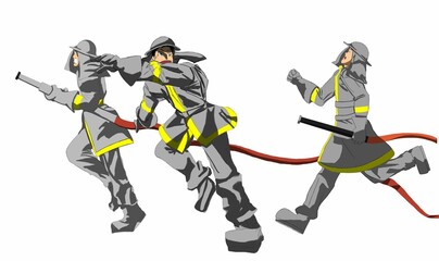 Illustration of three firefighters working hard to put out a fire at the scene.