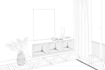 A sketch of the modern room with a vertical poster, a lamp, a book on a pedestal, dried flowers in a wicker vase, curtains near the balcony door, and carpet on the parquet floor. 3d render