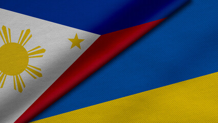 3D Rendering of two flags from Republic of the Philippines and Ukraine together with fabric texture, bilateral relations, peace and conflict between countries, great for background