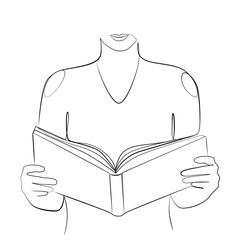 Woman reading a book one line drawing on white isolated background. Person holding a book in his hands