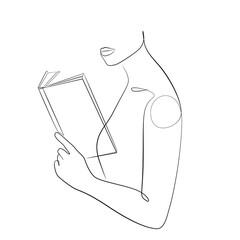 Woman reading a book one line drawing on white isolated background. Person holding a book in his hands