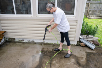 woman is pressure washing patio area to clean away algae growth