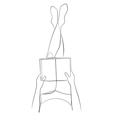 recommend clip art: Woman reading a book one line drawing on white isolated background. Person holding a book in his hands