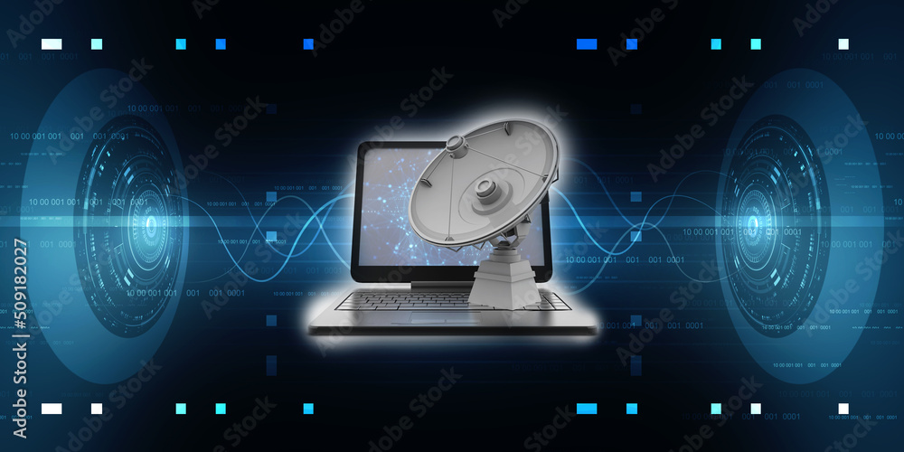 Poster satellite connected computer , 3d rendering