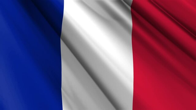 Close up realistic texture textile silk satin flag of France waving fluttering background. National symbol of the country. 14th of July, Happy Day concept. 3D animation 1080p Full HD