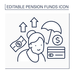 Pensioner card line icon. Old woman saving all accumulation on credit card. Better retirement. Life insurance.Pension fund concept. Isolated vector illustration. Editable stroke