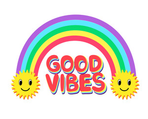 Rainbow good vibes sticker with smiles. 1970 good vibes. Colorful groovy retro sticker 