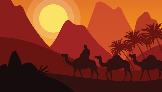 Man with camels walking in the desert in the evening suitable for multiple purpose