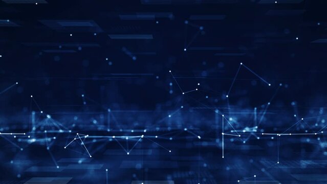 Abstract concept of digital technology and online cybersecurity data protection. Slow moving polygon internet network connection with dark blue background. front focus back blur. Big data.