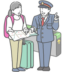 駅の改札で、駅員に地図を見せながら乗換方法を聞く若い女性