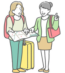 日本人女性に地図を見せながら道を聞く外国人女性