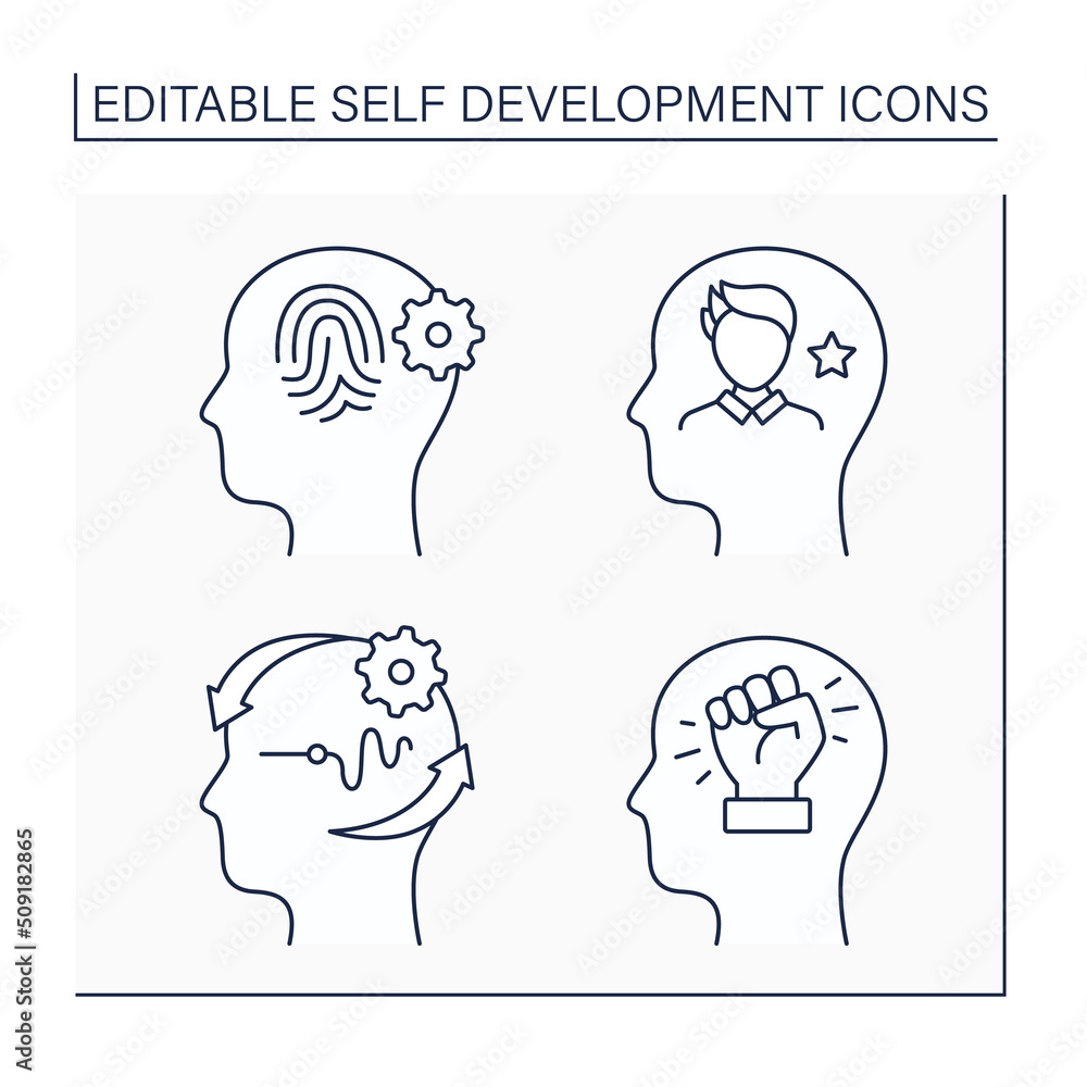Poster self-development line icons set. self-identity, self-image, adapt to change, self-improvement. achie