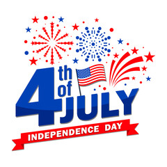 4th of July, Independence day of USA. Greeting design with  firework burst rays and flag. Vector on transparent background