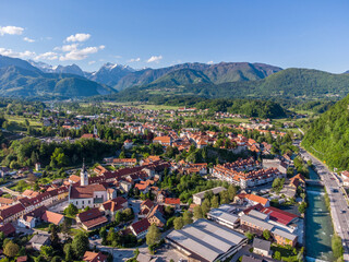 Aerial: Photo of Beautiful Old Town Surrounded By Lush Green Mountain Landscape At Kamnik, Slovenia - 509182849