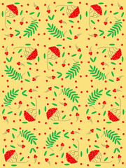 Raster graphics are a seamless pattern with clusters of ripe red mountain ash and beautiful green leaves on a light yellow background. Concept textiles or wallpaper