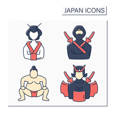 Japan color icons set. Japanese traditions. Carp, hand fun, crane bird, lantern. Culture concept. Isolated vector illustrations