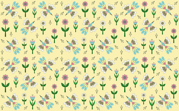 Raster graphics are a seamless vintage pattern with bright fairy-tale colors and fantastic birds on a light yellow background. Concept fabric or wallpaper