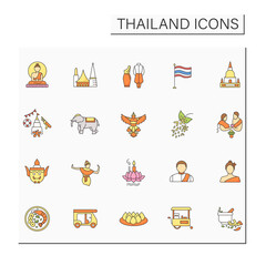 Thailand color icons set. Traditional culture things. Ancient tradition, religious and state symbols. Country concept. Isolated vector illustrations