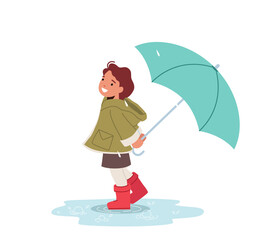 Happy Little Girl with Umbrella Walk on Street. Little Baby Character in Rubber Boots Stand in Puddle. Cheerful Child