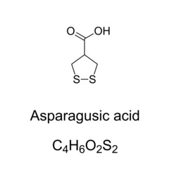 Asparagusic acid, chemical formula and skeletal structure. Organosulfur compound, found in asparagus. Its sulfur-containing decomposition products can develop a characteristic odor in the urine.