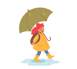 Happy Schoolgirl Walk under Umbrella to School at Autumn Day. Smiling Baby Female Character in Raincoat and Rubber Boots