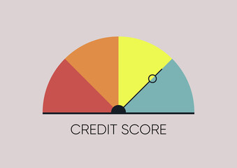 A credit score infographics, a semi-circle dashboard with four colorful sectors and an arrow