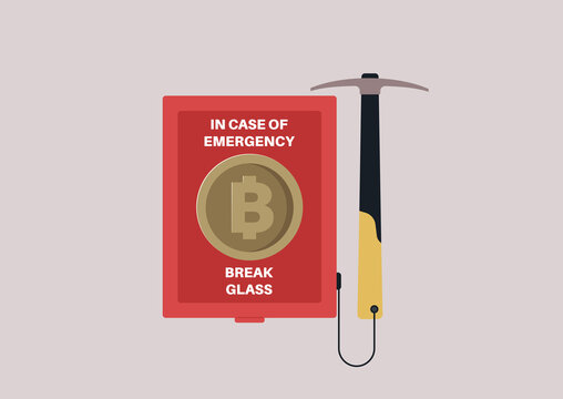 A web 3.0 concept, a bitcoin in a red emergency case and a pick-axe attached to it