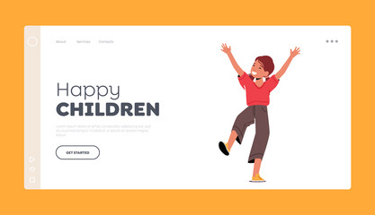 Fototapeta na wymiar Happy Children Landing Page Template. Little Girl Jump with Raised Arms, Kid Happiness and Joy Emotion, Positive Child