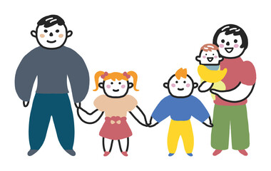 整列する双子ちゃんのいる家族　ファミリー　イラスト素材	
