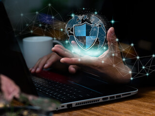 Cyber and data security A businesswoman uses a virtual network connection to protect commercial and...