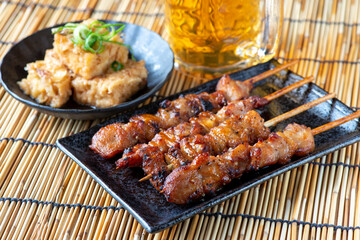 揚げだし豆腐と焼き鳥とビール　居酒屋メニュー
