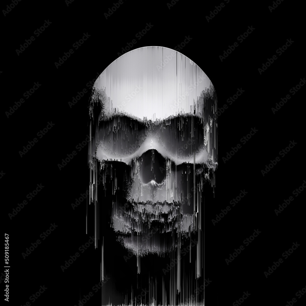 Poster pixel sorting glitch art corrupted graphics of black and white monochrome front view skull from 3d r