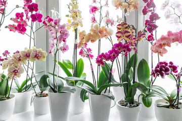 Fototapeta na wymiar Colorful orchids phalaenopsis. Blooming orchids. Gardening hobby. Purple, pink, orange, red orchids blossom on window sill. Home flowers growth. 