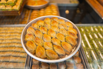 Turkish Dessert Baklava in the Grand Bazaar, Eminonu Fatih, Istanbul Turkey