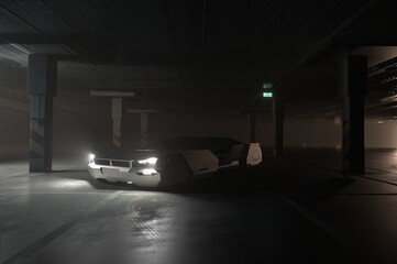 futuristic car in a dark garage with the lights on