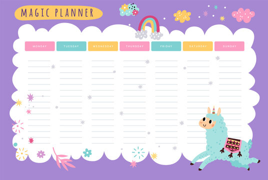 Cute llamas weekly planner. Magic alpaca unicorn. Kids schedule of classes. Rainbow and clouds. School organizer with funny animal. Lessons planning. Vector blank timetable cartoon design