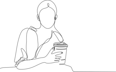Coffee Business Concept-Female barista making coffee and serving a paper cup of hot coffee in cafe. Hand drawn in thin line style, vector illustrations. Vector illustration
