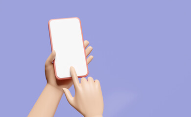 3d hand using mobile phone, isolated on purple background. hand holding smartphone screen phone template, empty screen phone mockup, minimal concept, 3d render illustration
