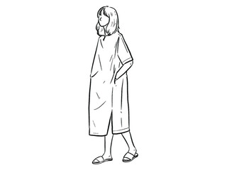 woman wearing sheer dress Put your hand in your pocket character on white background. Hand drawn style vector design illustrations.