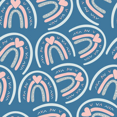 Illustration cartoon seamless patterns rainbows gray pink colors on a blue background. High quality illustration