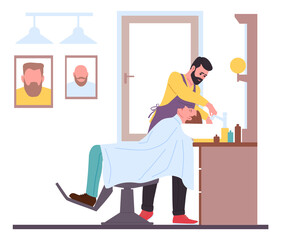 Barber with man client. Hairdresser gives haircut. Haircutter shampooing or styling. Coiffeur cutting and trimming hair to customer. Workplace interior. Vector professional beauty salon