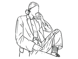 woman in suit sitting and drinking coffee character on white background. Hand drawn style vector design illustrations.