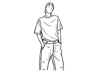 woman wearing jeans t-shirt put your hand in your pocket character on white background. Hand drawn style vector design illustrations.