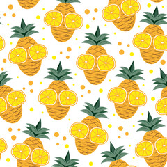 Pineapple seamless pattern with lemon slice. Hand drawn vector design.