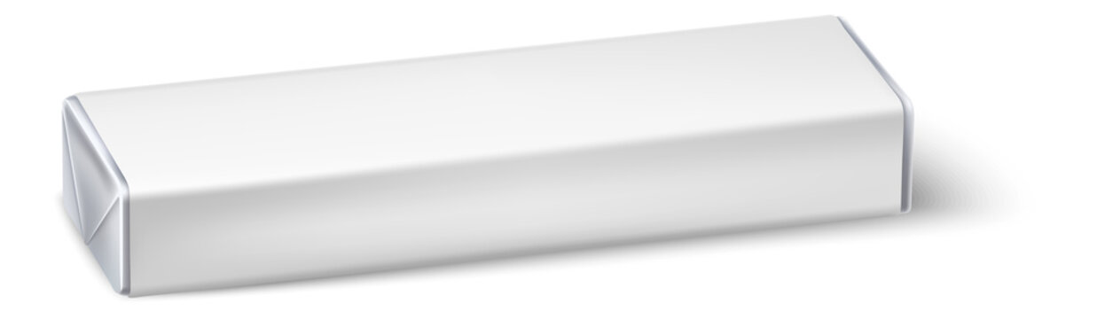 Chewing gum pads. Realistic bubblegum blank packaging. Dental hygiene. Refreshing or whitening chewy sticks wrapper. Isolated package mockup. Fresh breath. Vector munching pillows packaging